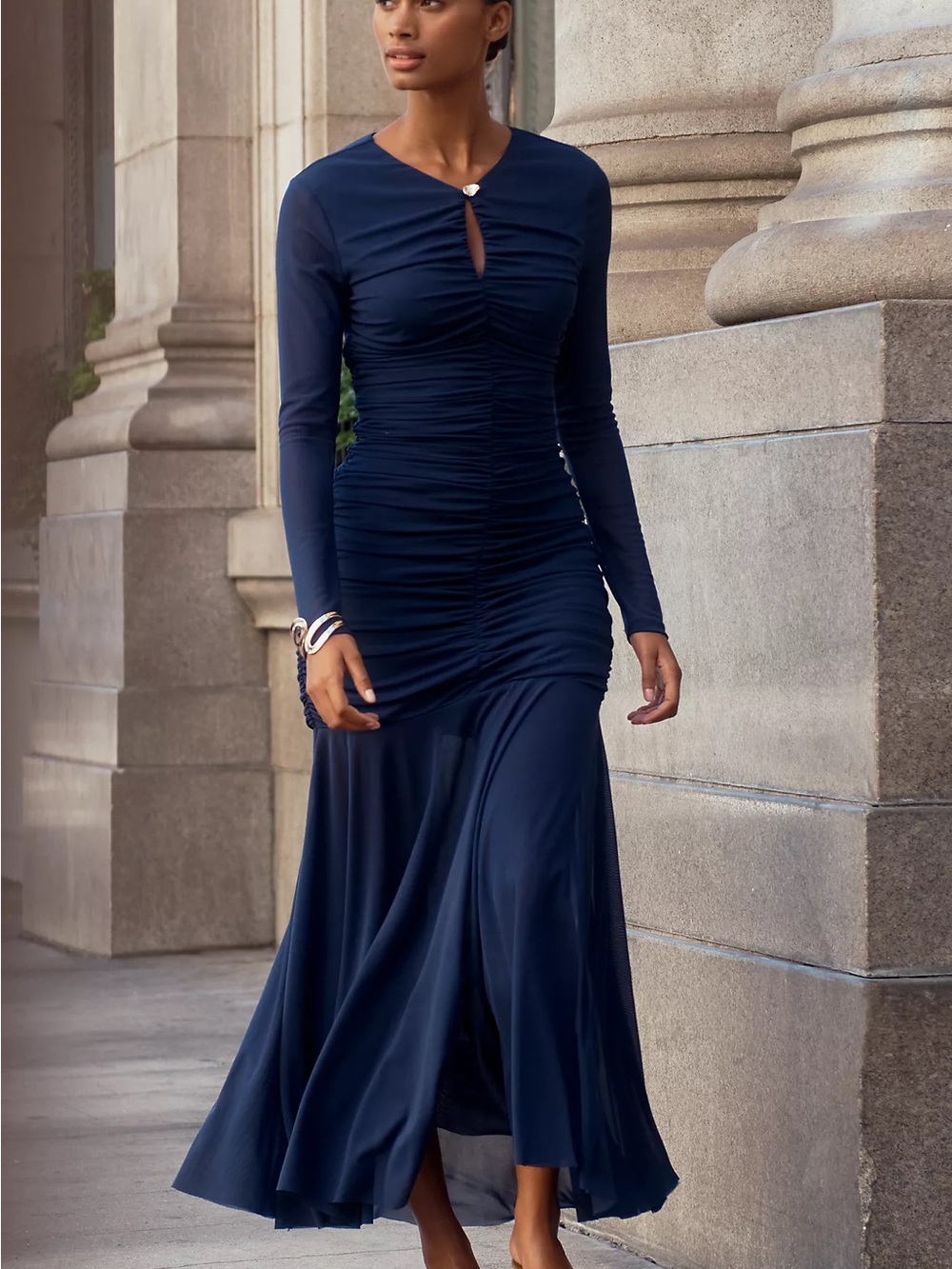 NWT Anthropologie ASTR The Label Yasmine Long-Sleeve Ruched Mesh Maxi Dress Sm.